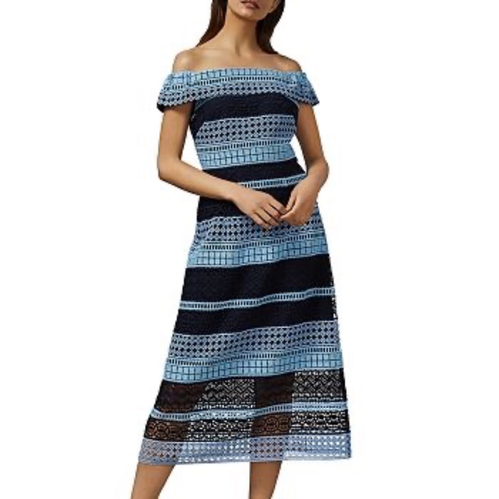 Ted Baker Blue and Navy Off-Shoulder Lace Midi Dress